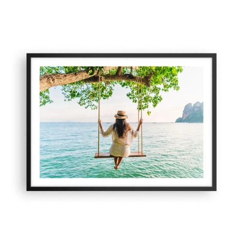Plakat w czarnej ramie - Kobieta na huśtawce nad morzem w tropikalnym krajobrazie - 70x50cm - Życie jest piękne - Nowoczesna dekoracja ścienna do salonu i sypialni ARTTOR