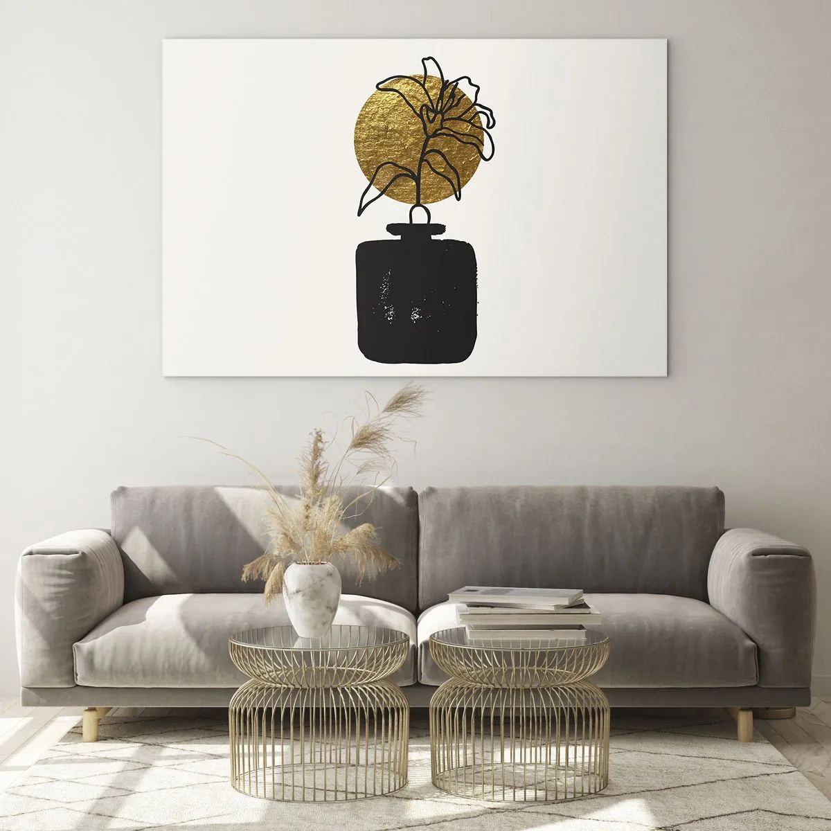 Obraz na szkle - Minimalistyczna grafika z kwiatem w złotym kole i czarnym wazonie - 70x50cm - Piękno na wagę złota - Nowoczesna dekoracja ścienna do salonu i sypialni ARTTOR