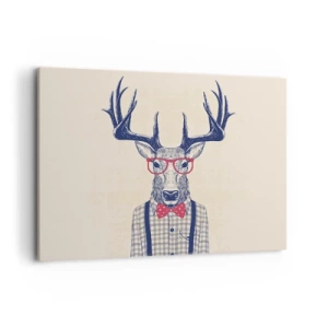 Obraz na płótnie - Stylizowana grafika jelenia w okularach i muszce - 100x70cm - Zabawna ekstrawagancja - Nowoczesna dekoracja ścienna do salonu, kuchni i sypialni ARTTOR
