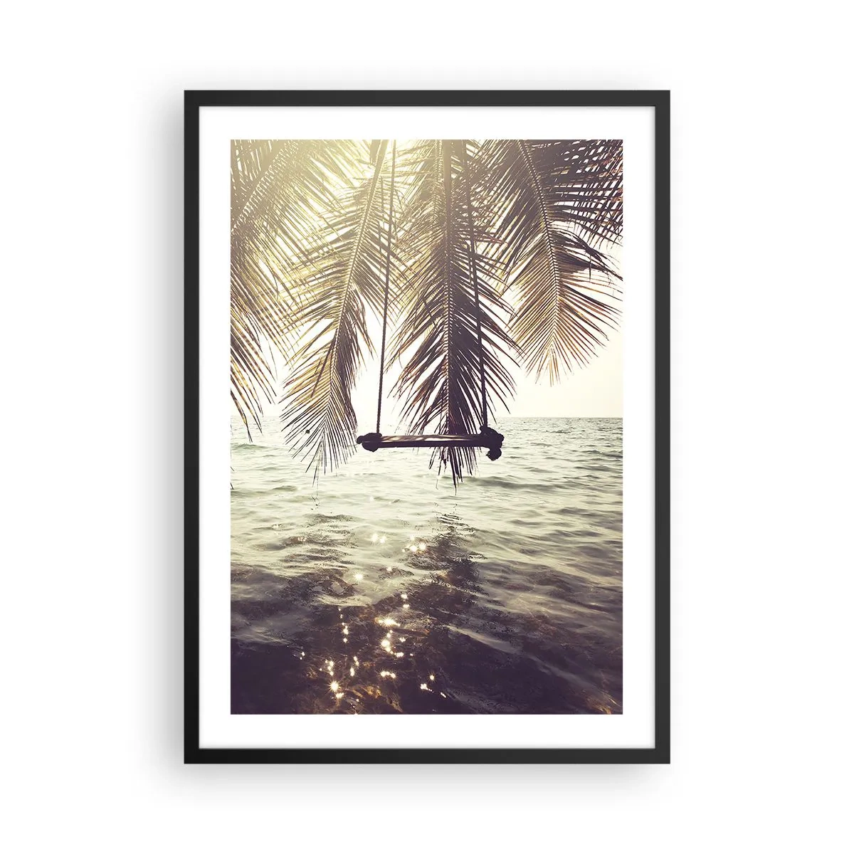Plakat w czarnej ramie - Huśtawka pod palmami nad spokojnym morzem - 50x70cm - Można bujać w obłokach do woli - Nowoczesna dekoracja ścienna do salonu i sypialni ARTTOR
