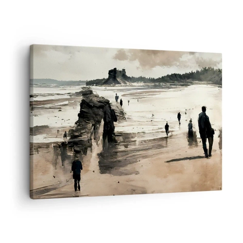 Obraz na płótnie - Spacerowicze na plaży w spokojnym pejzażu - 70x50cm - Przywołani - Nowoczesna dekoracja ścienna do salonu i sypialni ARTTOR