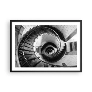 Plakat w czarnej ramie - Czarno-biała fotografia spiralnych schodów z perspektywą z góry - 70x50cm - Wyżej i wyżej - Nowoczesna dekoracja ścienna do salonu i sypialni ARTTOR