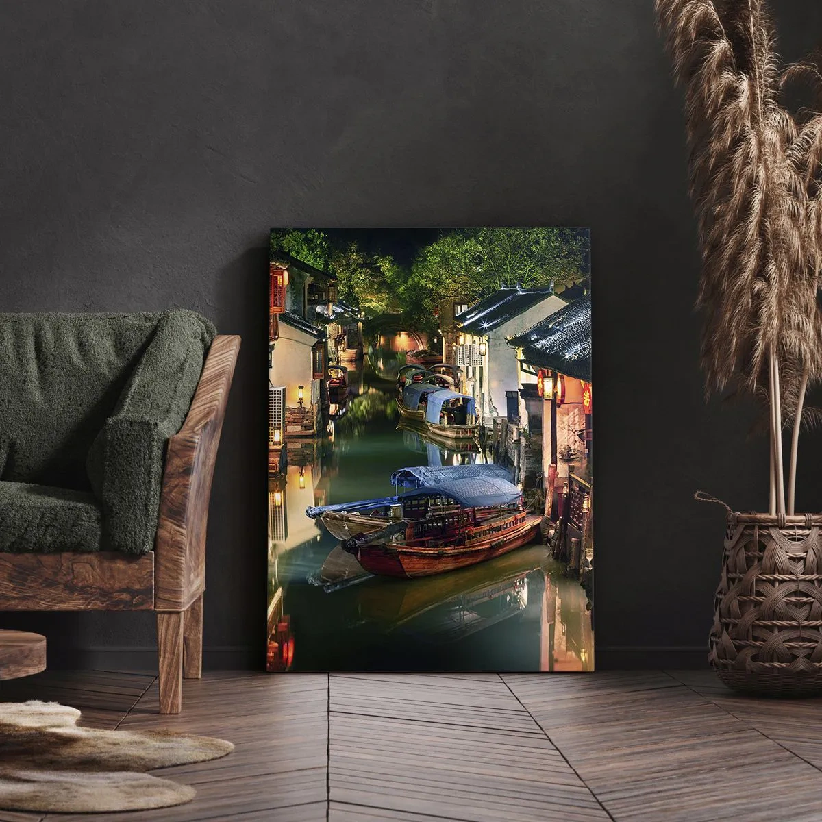 Obraz na płótnie - Nocny widok na kanały z tradycyjnymi łodziami i domami - 80x120cm - Wieczór na chińskiej ulicy - Nowoczesna dekoracja ścienna do salonu i sypialni ARTTOR