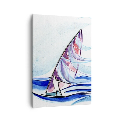 Obraz na płótnie - Akwarelowy windsurfer na tle fal w odcieniach błękitu - 50x70cm - Z wiatrem w rytmie fal - Nowoczesna dekoracja ścienna do salonu, kuchni i sypialni ARTTOR