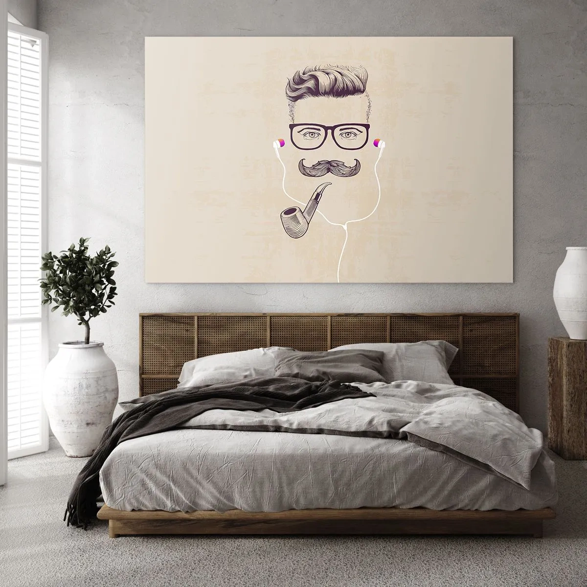 Obraz na szkle - Rysunek stylizowanego mężczyzny z okularami, wąsem i fajką - 100x70cm - Prawdziwy mężczyzna? - Nowoczesna dekoracja ścienna do salonu, kuchni i sypialni ARTTOR