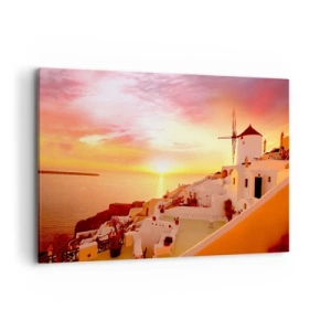 Obraz na płótnie - Santorini o zachodzie słońca z wiatrakiem - 120x80cm - Rozpłynąć się w bieli i złocie - Nowoczesna dekoracja ścienna do salonu, kuchni i sypialni ARTTOR