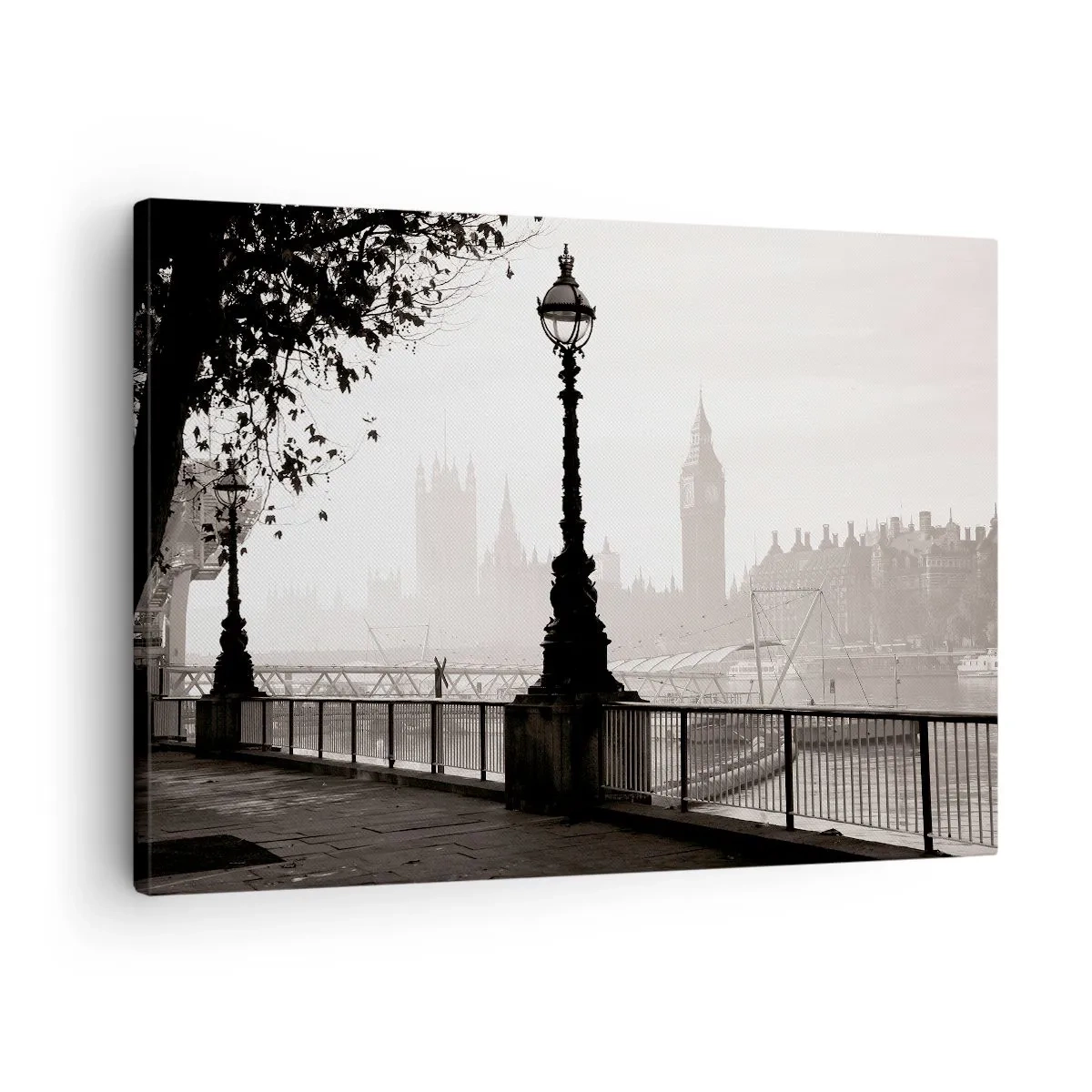 Obraz na płótnie - Monochromatyczny widok na Big Ben i Tamizę - 70x50cm - Londyński poranek - Nowoczesna dekoracja ścienna do salonu i sypialni ARTTOR