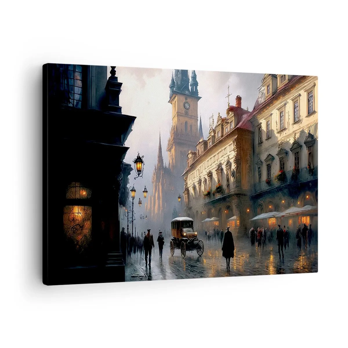 Obraz na płótnie - Wieczorna scena uliczna z zabytkową architekturą - 70x50cm - Czar praskiego wieczoru - Nowoczesna dekoracja ścienna do salonu i sypialni ARTTOR