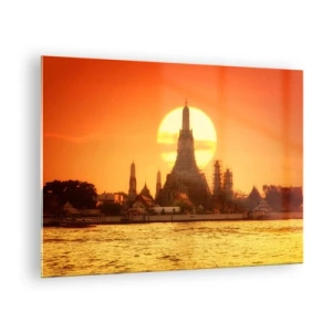 Obraz na szkle - Świątynia o zachodzie słońca nad rzeką - 70x50cm - Ku słońcu, zawsze ku słońcu - Nowoczesna dekoracja ścienna do salonu i sypialni ARTTOR