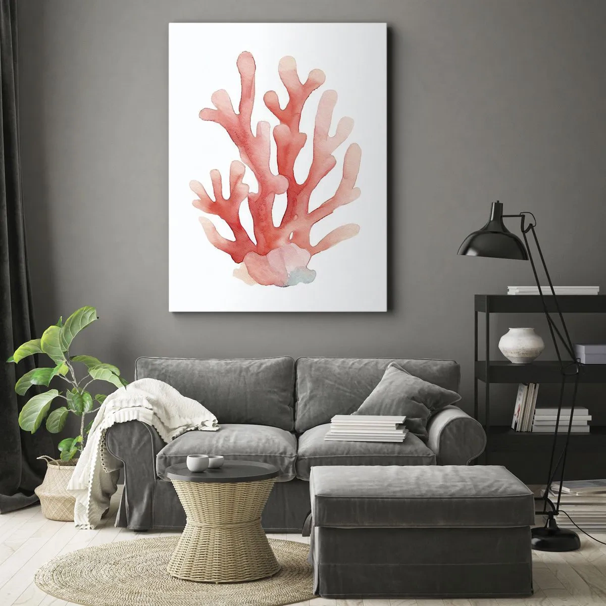 Obraz na płótnie - Subtelna ilustracja korala w pastelowych odcieniach - 80x120cm - Koral koloru koralowego - Nowoczesna dekoracja ścienna do salonu i sypialni ARTTOR