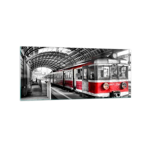Obraz na szkle - Czerwony pociąg na stacji pod zadaszeniem - 120x50cm - Może to podróż życia? - Nowoczesna dekoracja ścienna do salonu i sypialni ARTTOR