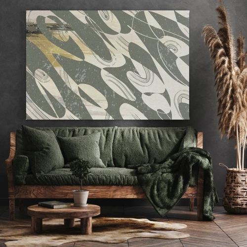 Obraz na płótnie - Abstrakcja zrytmizowana - Dynamiczne kształty w zielonych i złotych odcieniach - 70x50cm