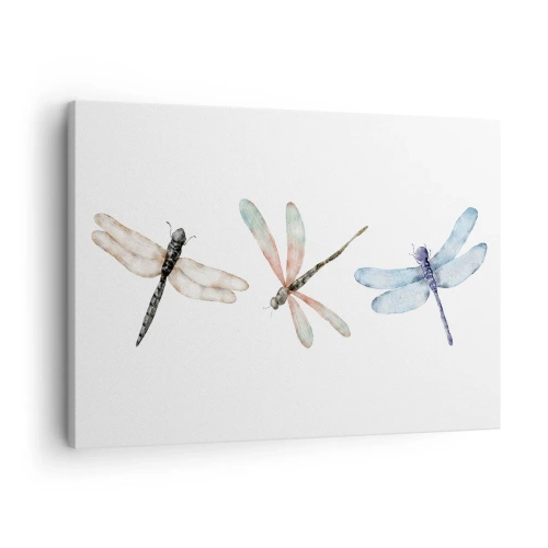 Obraz na płótnie - Trzy ważki w delikatnych pastelowych barwach - 70x50cm - Ważki nieważkie - Nowoczesna dekoracja ścienna do salonu i sypialni ARTTOR