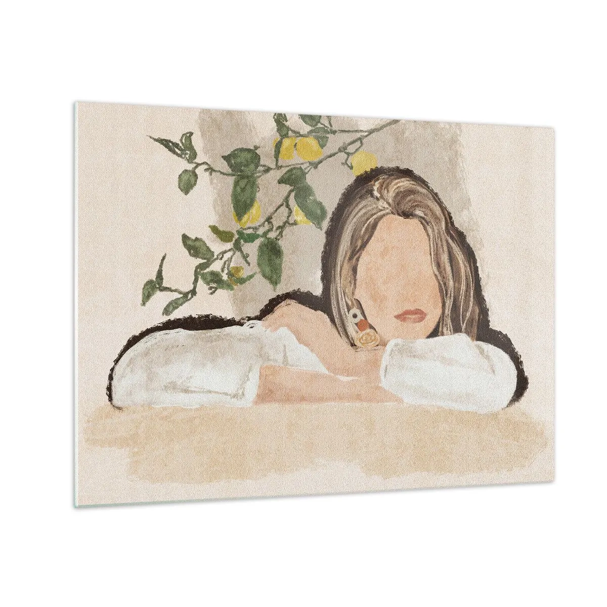 Obraz na szkle - Kobieta oparta na stole wśród gałązek cytrynowego drzewa bez wyraźnych rysów twarzy - 70x50cm - Piękność południa - Nowoczesna dekoracja ścienna do salonu i sypialni ARTTOR