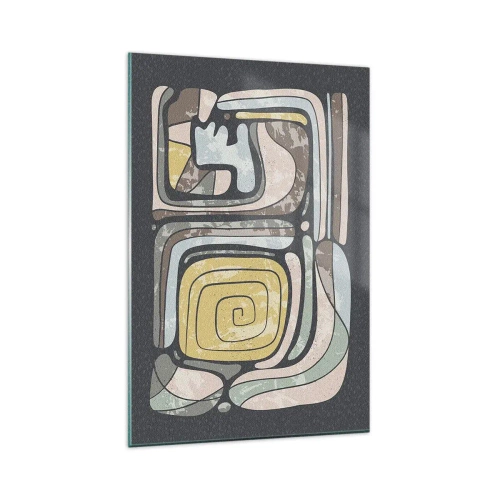 Obraz na szkle - Prekolumbijskie wzory w pastelowych kolorach na ciemnym tle - 80x120cm - Abstrakcja w duchu prekolumbijskim - Nowoczesna dekoracja ścienna do salonu i sypialni ARTTOR