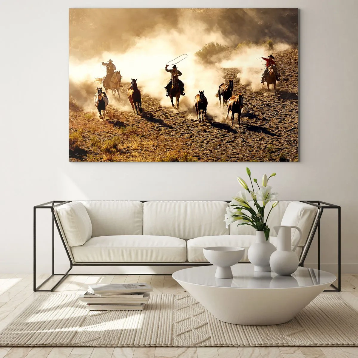 Obraz na szkle - Kowboje na koniach w kurzu podczas rodeo - 70x50cm - Naprawdę dziki zachód - Nowoczesna dekoracja ścienna do salonu i sypialni ARTTOR
