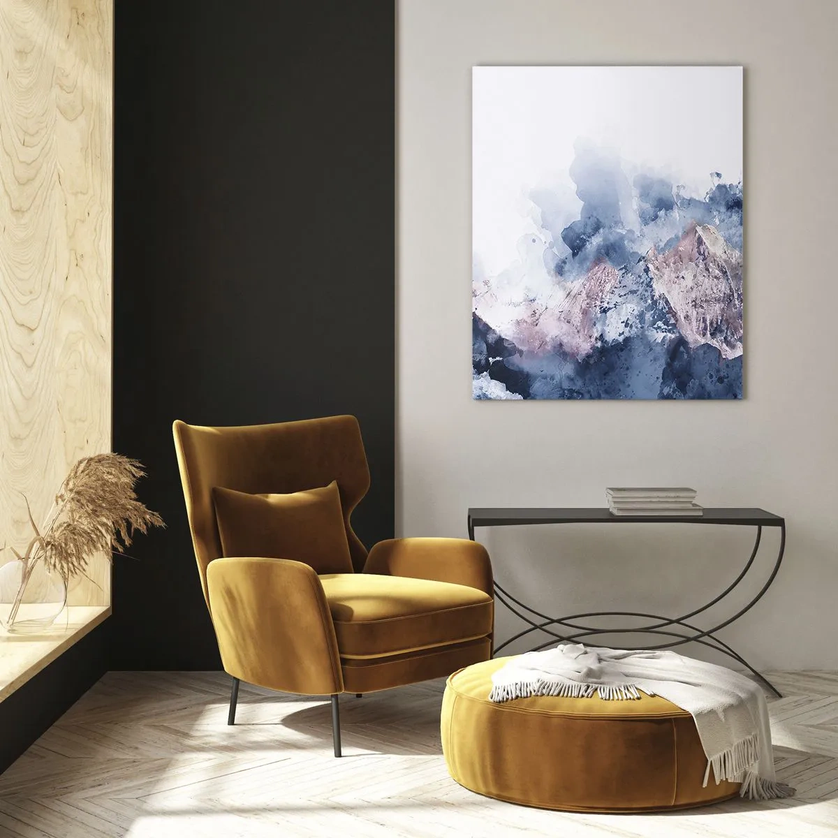 Obraz na szkle - Akwarelowe góry w pastelowych odcieniach niebieskiego i różu - 50x70cm - To są szczyty! - Nowoczesna dekoracja ścienna do salonu, kuchni i sypialni ARTTOR