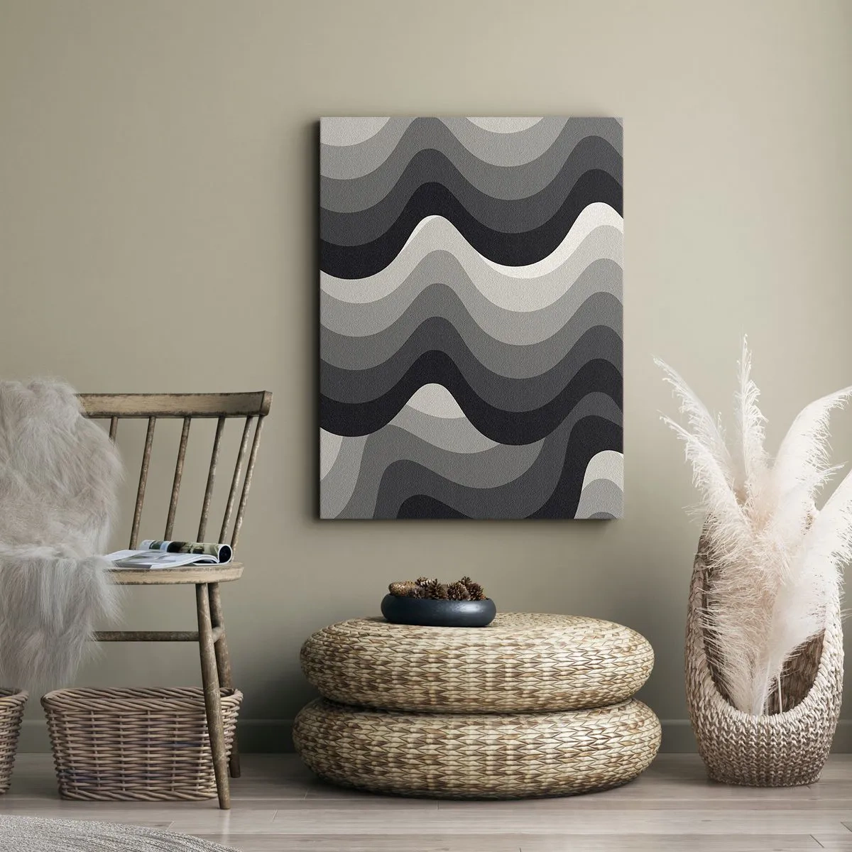 Obraz na płótnie - Abstrakcyjna kompozycja falistych linii w odcieniach szarości i czerni. - 50x70cm - Fala za falą - Nowoczesna dekoracja ścienna do salonu, kuchni i sypialni ARTTOR