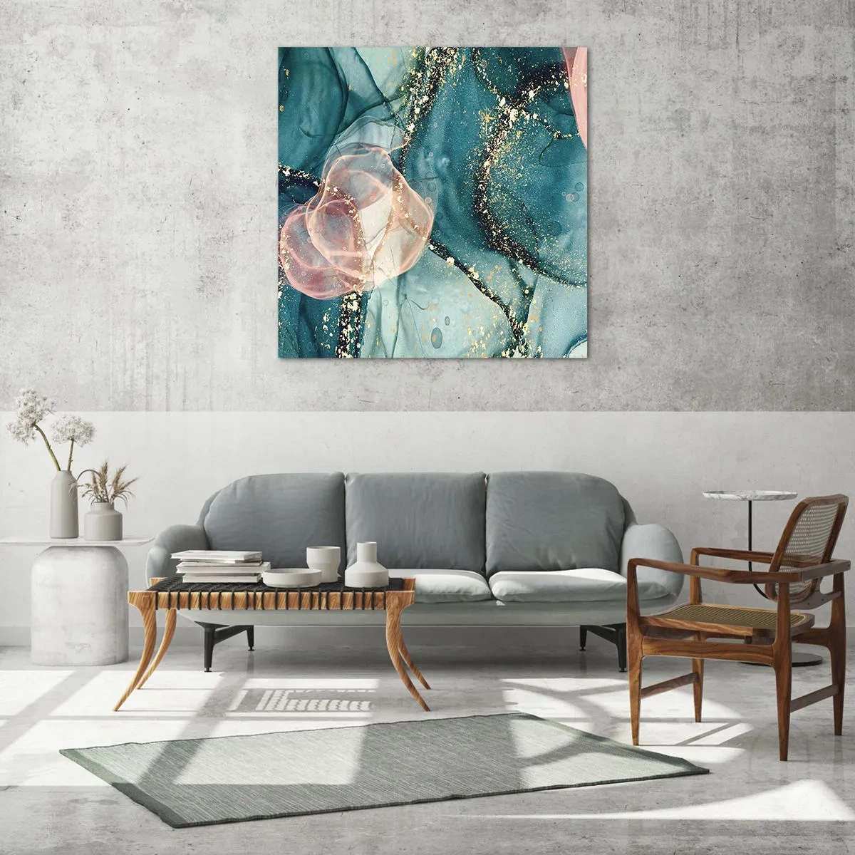 Obraz na szkle - Jedwabny błękit, tiulowy róż - 70x70 cm