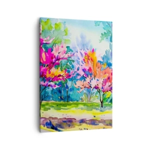 Obraz na płótnie - Kolorowy pejzaż kwitnących drzew w akwarelowym stylu - 50x70cm - Tęczowy ogród w wiosennym blasku - Nowoczesna dekoracja ścienna do salonu, kuchni i sypialni ARTTOR