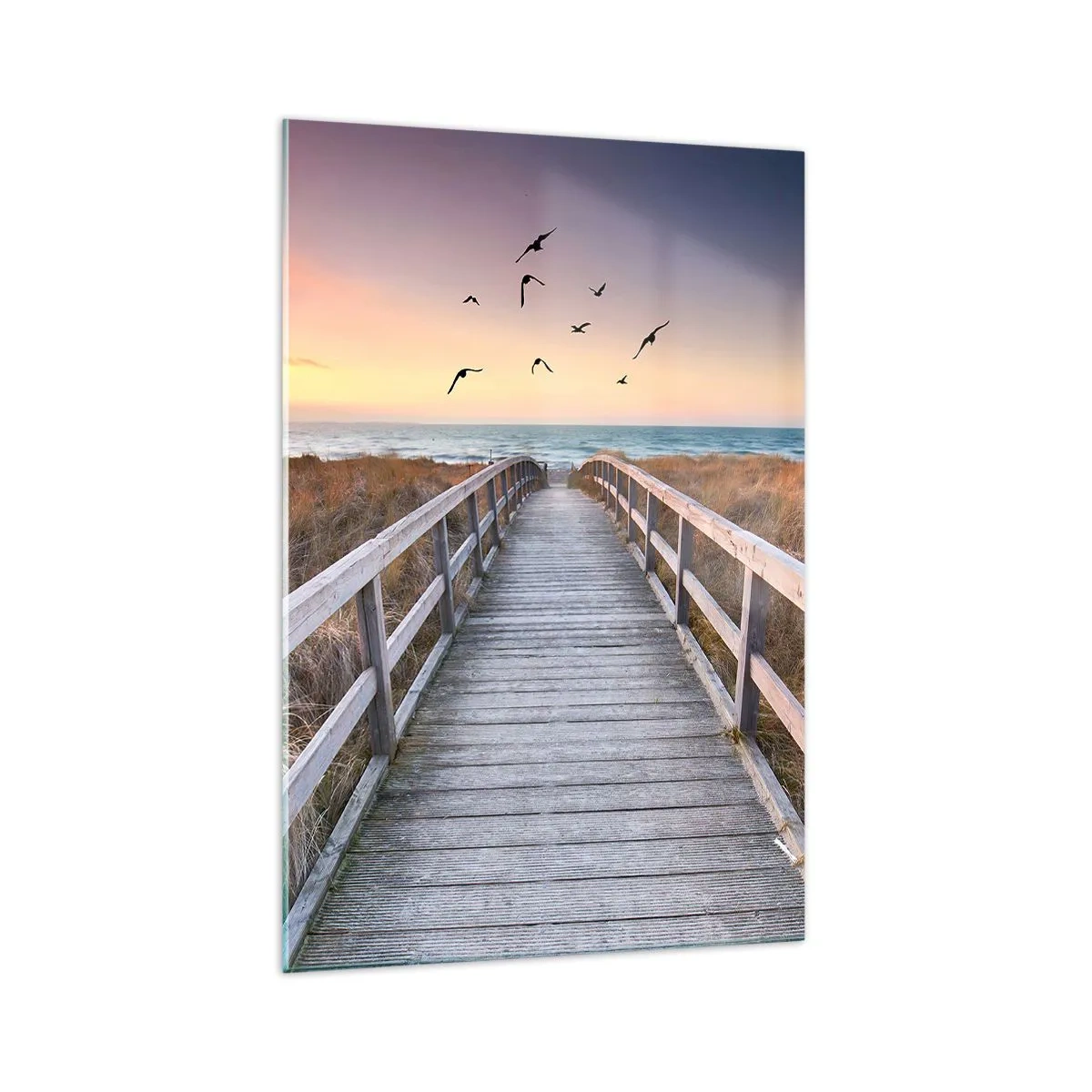 Obraz na szkle - Drewniany pomost prowadzący na plażę o zachodzie słońca - 70x100cm - Przestrzeń wzlotów - Nowoczesna dekoracja ścienna do salonu i sypialni ARTTOR