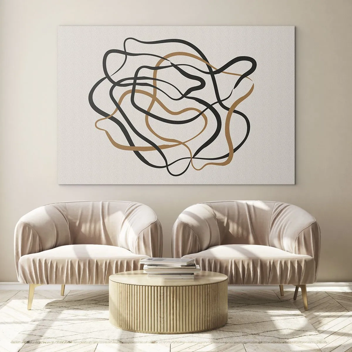 Obraz na szkle - Abstrakcyjna plątanina linii w czerni i brązie - 70x50cm - Wszystko się pokręciło - Nowoczesna dekoracja ścienna do salonu i sypialni ARTTOR