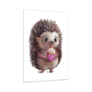 Obraz na szkle - Uroczy jeżyk z babeczką - 80x120cm - Święto jest co dzień - Nowoczesna dekoracja ścienna do salonu i sypialni ARTTOR