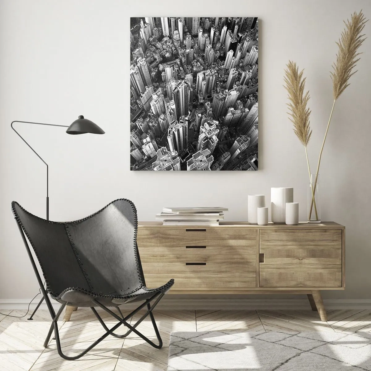 Obraz na szkle - Czarno-biały widok miasta z lotu ptaka - 70x100cm - Wciąż wyżej i wyżej - Nowoczesna dekoracja ścienna do salonu i sypialni ARTTOR