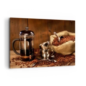 Obraz na płótnie - French press, filiżanki i worek kawy na drewnianym tle - 120x80cm - Czar kawy - aromat i smak - Nowoczesna dekoracja ścienna do salonu, kuchni i sypialni ARTTOR