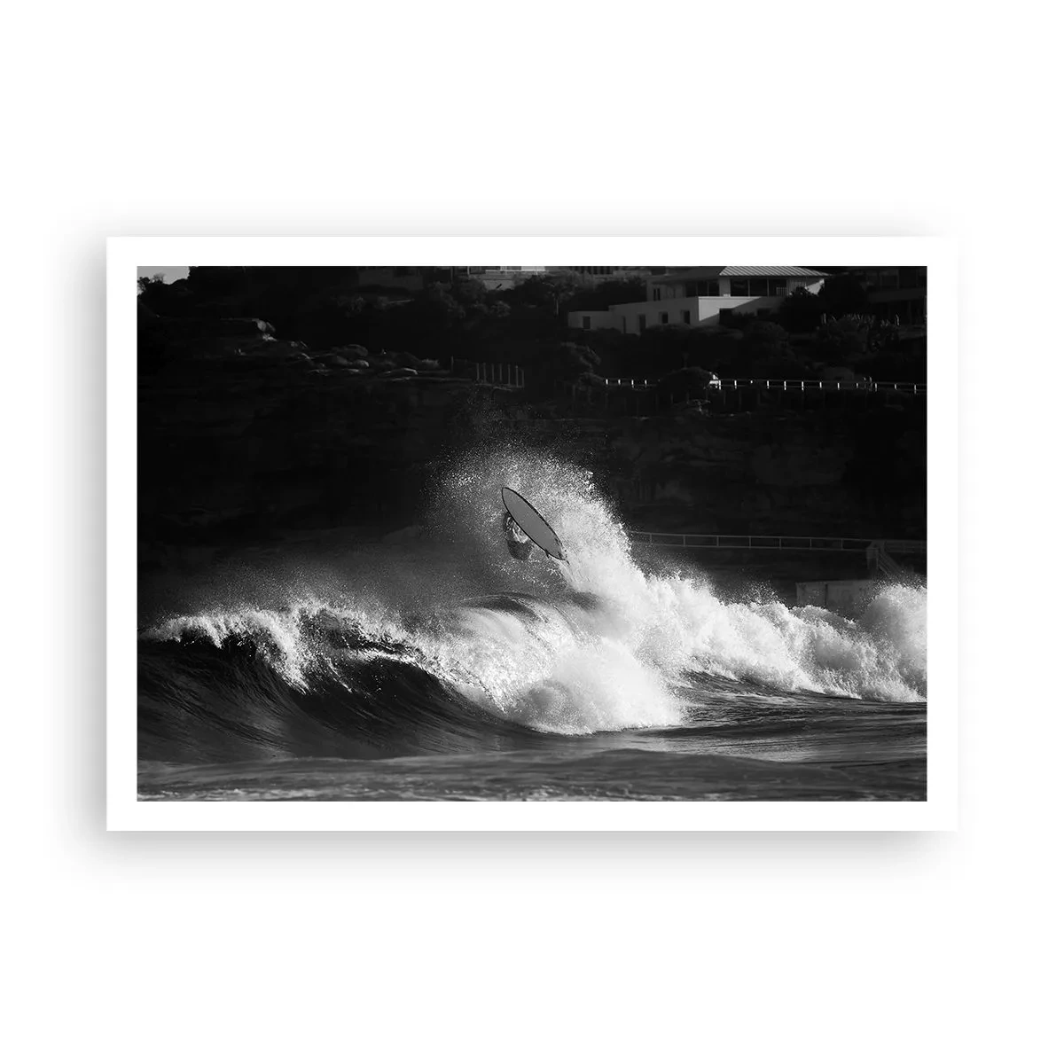 Plakat - Surfer na fali w monochromatycznym ujęciu - 100x70cm - Wyzwanie przyjęte! - Nowoczesna dekoracja ścienna do salonu i sypialni ARTTOR