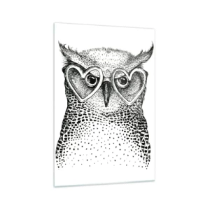 Obraz na szkle - Stylowa grafika sowy w okularach w kształcie serc - 70x100cm - Mądrze i z miłością - Nowoczesna dekoracja ścienna do salonu i sypialni ARTTOR