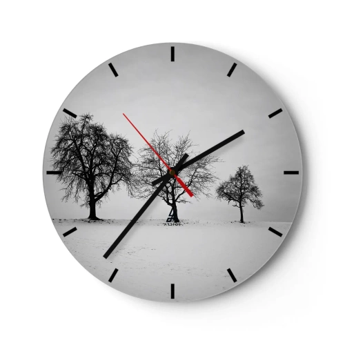 Zegar ścienny - Trzy samotne drzewa na śnieżnym polu w czarno-białej tonacji - 30x30cm - O czym śnią? - Nowoczesna dekoracja ścienna do salonu, kuchni i sypialni ARTTOR
