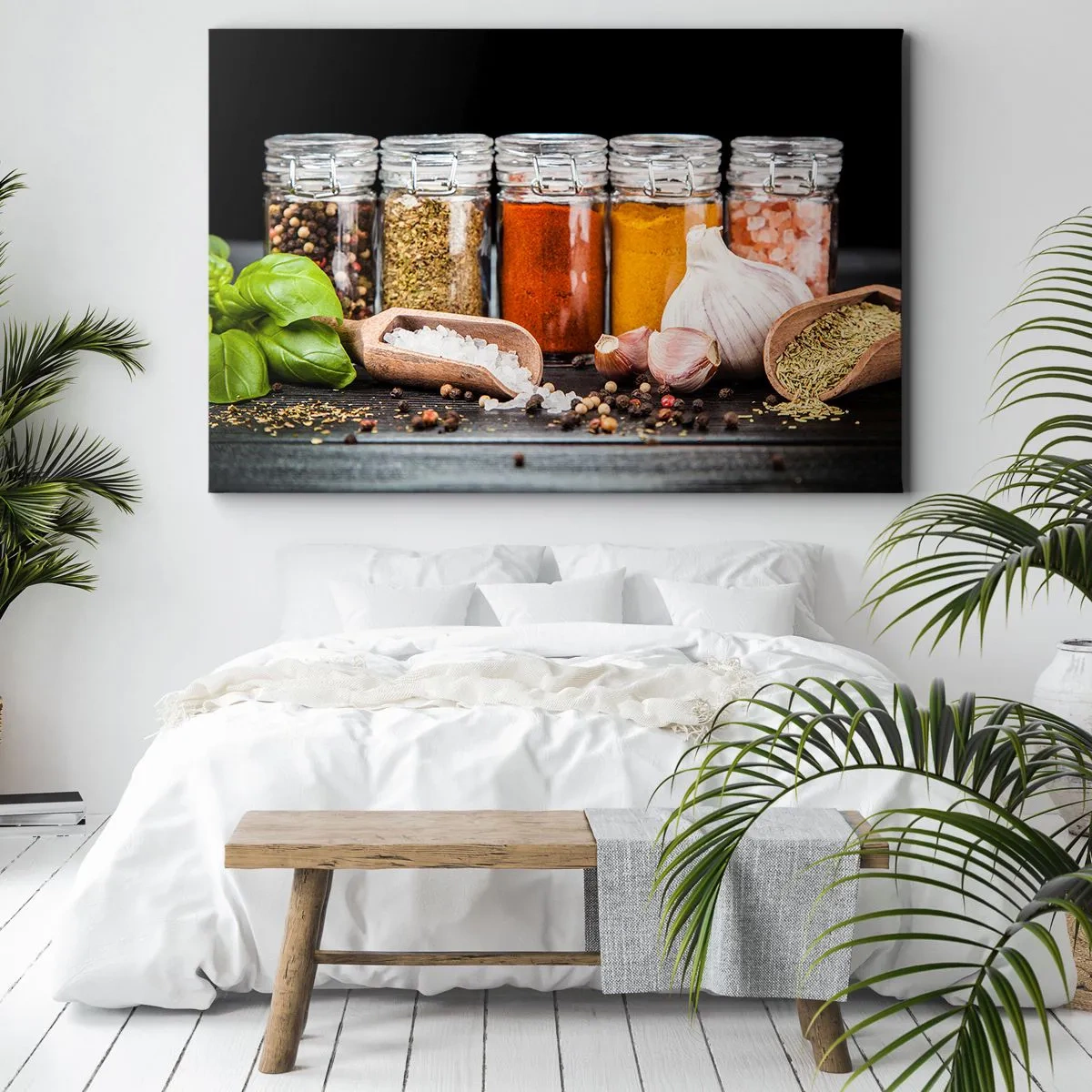 Obraz na płótnie - Zioła i przyprawy w szklanych słoikach na ciemnym tle - 70x50cm - Żeby życie miało smak - Nowoczesna dekoracja ścienna do salonu i sypialni ARTTOR