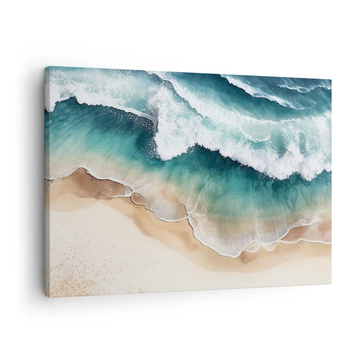 Obraz na płótnie - Widok na plażę i fale morskie w odcieniach turkusu - 70x50cm - Odwieczne spotkanie - Nowoczesna dekoracja ścienna do salonu i sypialni ARTTOR