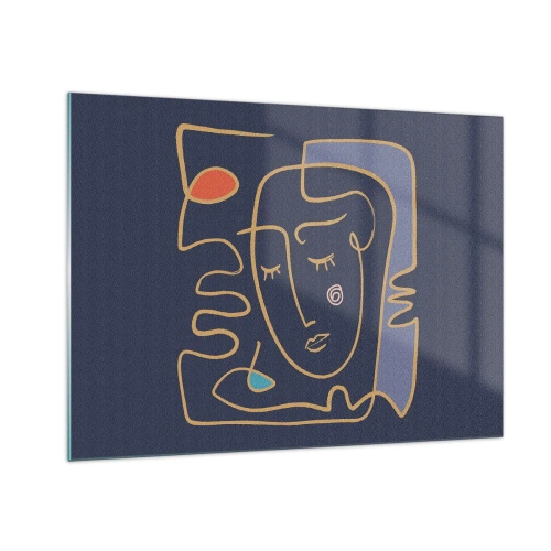 Obraz na szkle - Abstrakcyjna twarz w konturach na granatowym tle - 70x50cm - W zamyśleniu - Nowoczesna dekoracja ścienna do salonu i sypialni ARTTOR