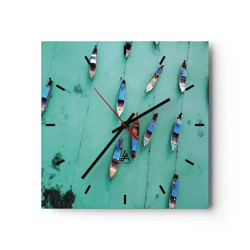 Zegar ścienny - Łodzie na turkusowej wodzie w widoku z lotu ptaka - 30x30cm - W radosnym oczekiwaniu - Nowoczesna dekoracja ścienna do salonu i sypialni ARTTOR