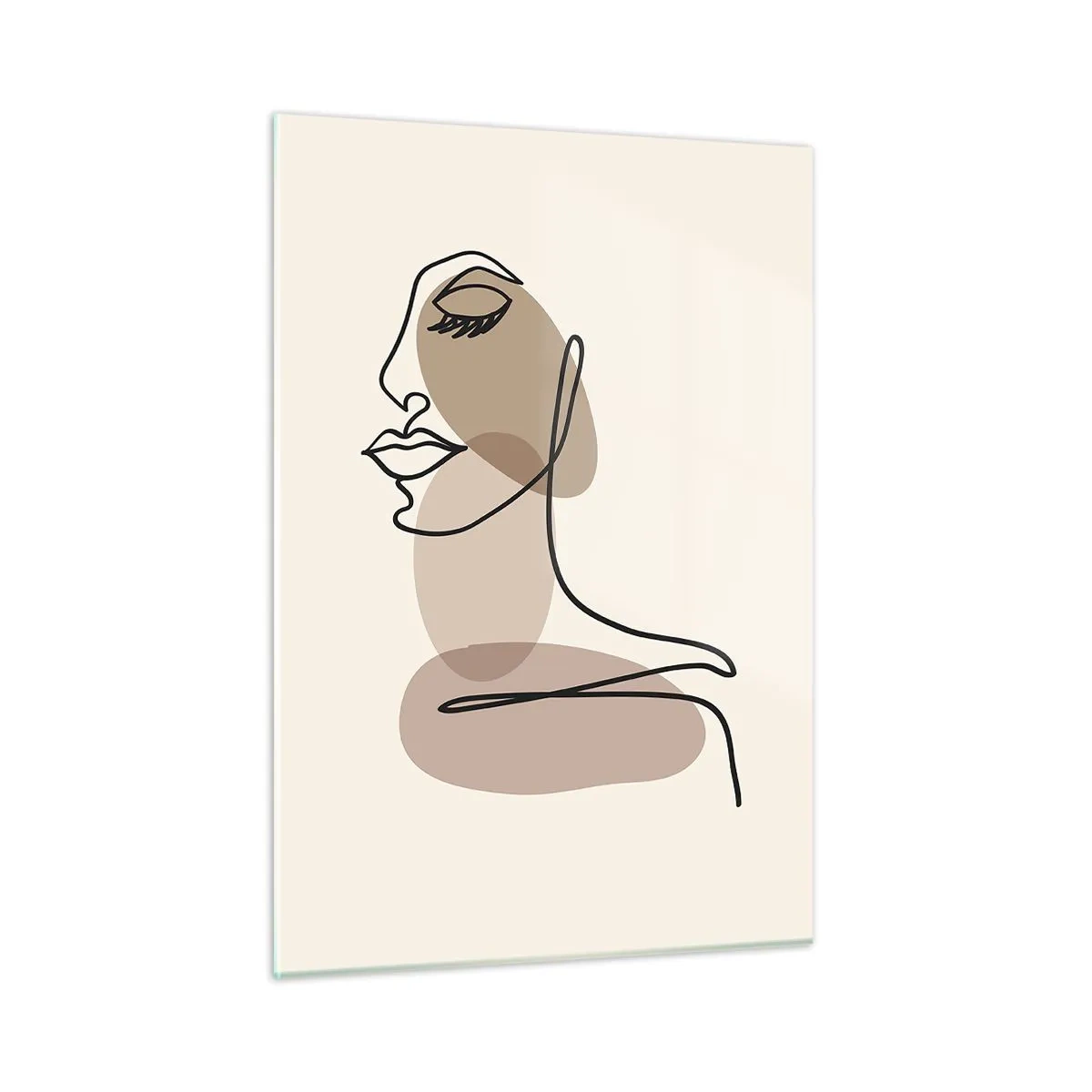 Obraz na szkle - Portret kobiecej twarzy w minimalistycznym, abstrakcyjnym stylu - 50x70cm - Zasłuchana w siebie - Nowoczesna dekoracja ścienna do salonu, kuchni i sypialni ARTTOR