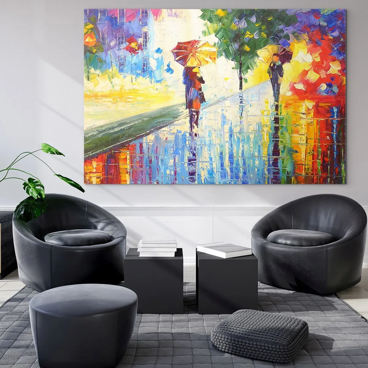 Obraz na szkle - Kolorowy spacer w deszczu z parasolką w impresjonistycznym stylu - 70x50cm - I wszystko jasne - Nowoczesna dekoracja ścienna do salonu i sypialni ARTTOR