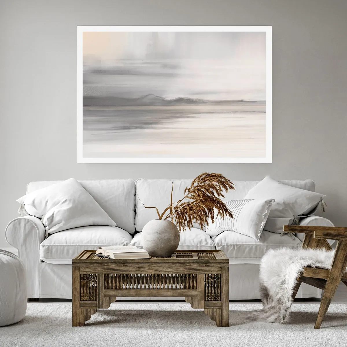Plakat - Subtelny pejzaż w odcieniach szarości i beżu - 100x70cm - Zamyślona dal - Nowoczesna dekoracja ścienna do salonu i sypialni ARTTOR