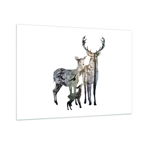 Obraz na szkle - Sylwetki jeleni z leśnym motywem w minimalistycznym stylu - 100x70cm - Rodzinna fotografia - Nowoczesna dekoracja ścienna do salonu, kuchni i sypialni ARTTOR
