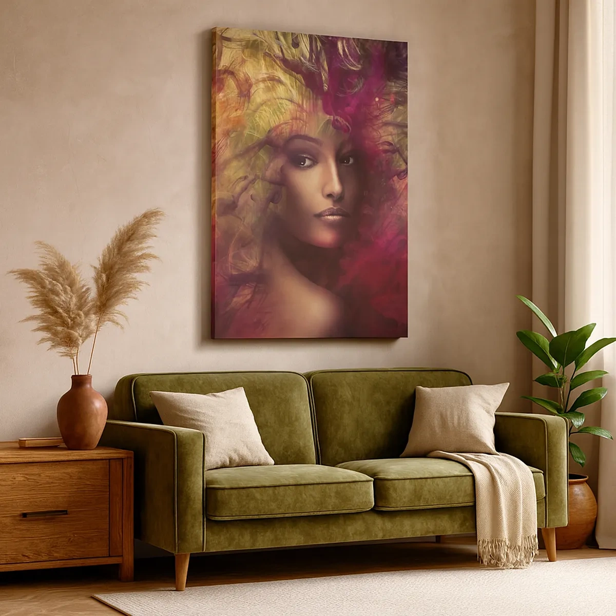 Obraz na płótnie - Portret kobiety otoczony abstrakcyjną mgłą w odcieniach różu i złota - 50x70cm - Tu jestem! - Nowoczesna dekoracja ścienna do salonu, kuchni i sypialni ARTTOR