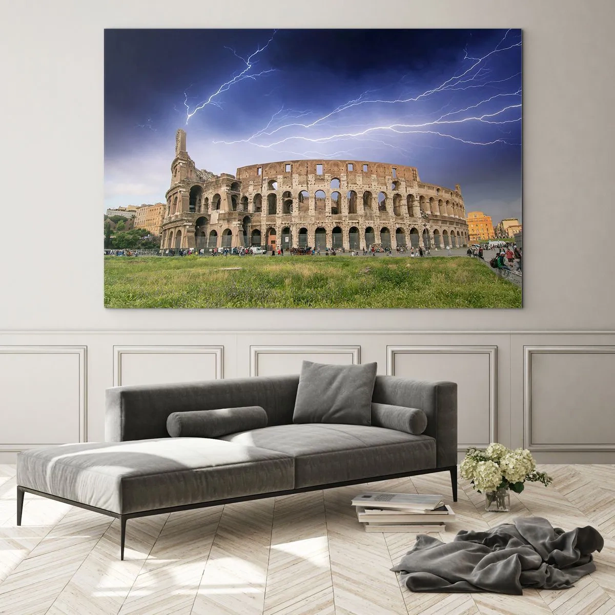 Obraz na szkle - Koloseum w Rzymie podczas burzy z piorunami - 120x80cm - Arena walki - Nowoczesna dekoracja ścienna do salonu, kuchni i sypialni ARTTOR