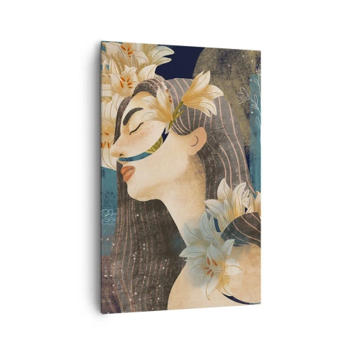 Obraz na płótnie - Portret kobiety z kwiatami w artystycznym stylu na ciemnym tle - 80x120cm - Baśń o królewnie z liliami - Nowoczesna dekoracja ścienna do salonu i sypialni ARTTOR