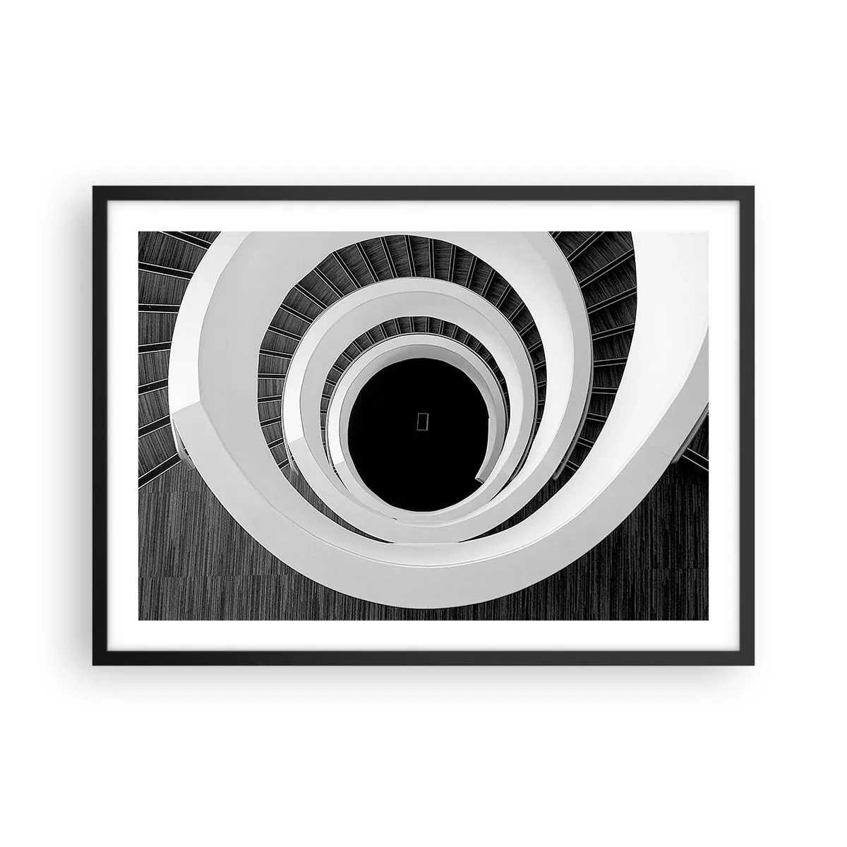 Plakat w czarnej ramie - Czarno-biała spirala schodów w nowoczesnym stylu - 70x50cm - Do istoty rzeczy - Nowoczesna dekoracja ścienna do salonu i sypialni ARTTOR
