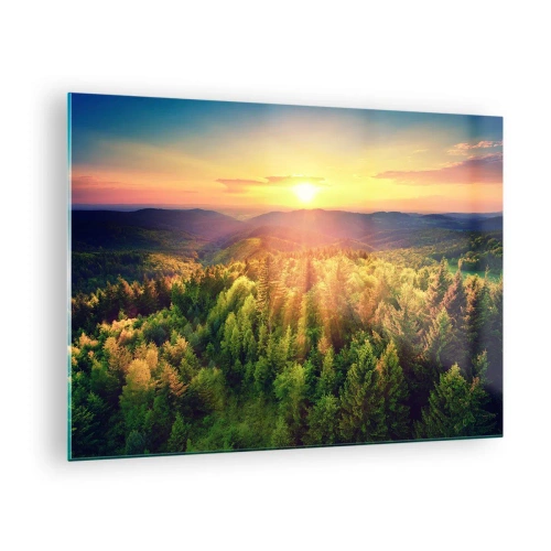 Obraz na szkle - Zachód słońca nad górskim lasem z widokiem na doliny - 70x50cm - Wierzchołki i szczyty - Nowoczesna dekoracja ścienna do salonu i sypialni ARTTOR