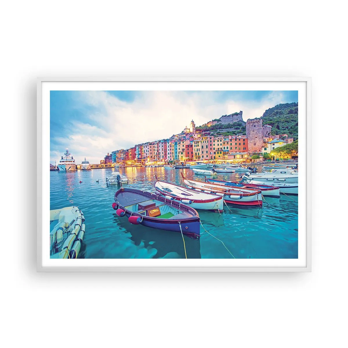 Plakat w białej ramie - Kolorowy wieczór w porcie - 100x70 cm