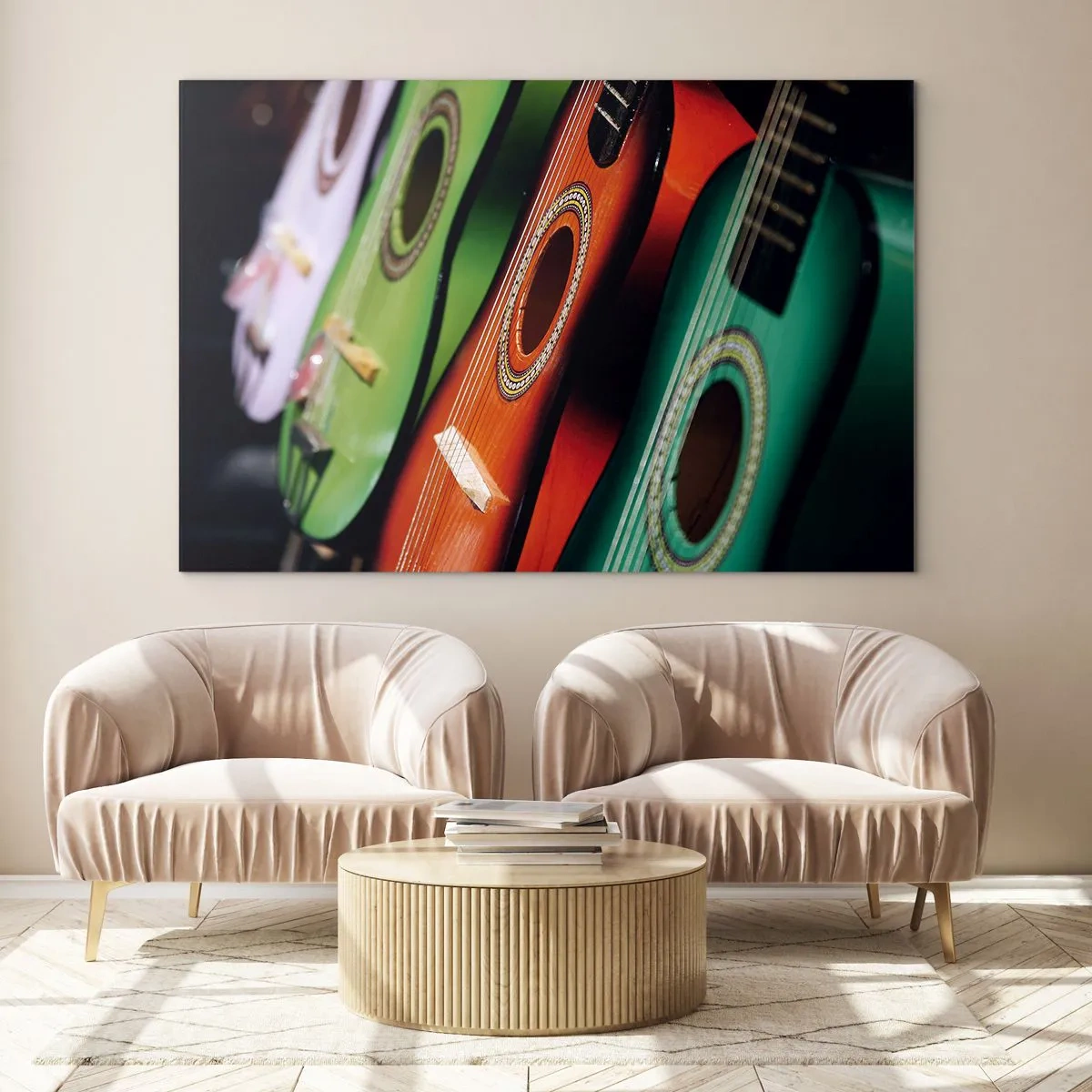 Obraz na szkle - Kolorowe gitary w rzędzie - 120x80cm - Gitara ma wiele barw - Nowoczesna dekoracja ścienna do salonu, kuchni i sypialni ARTTOR