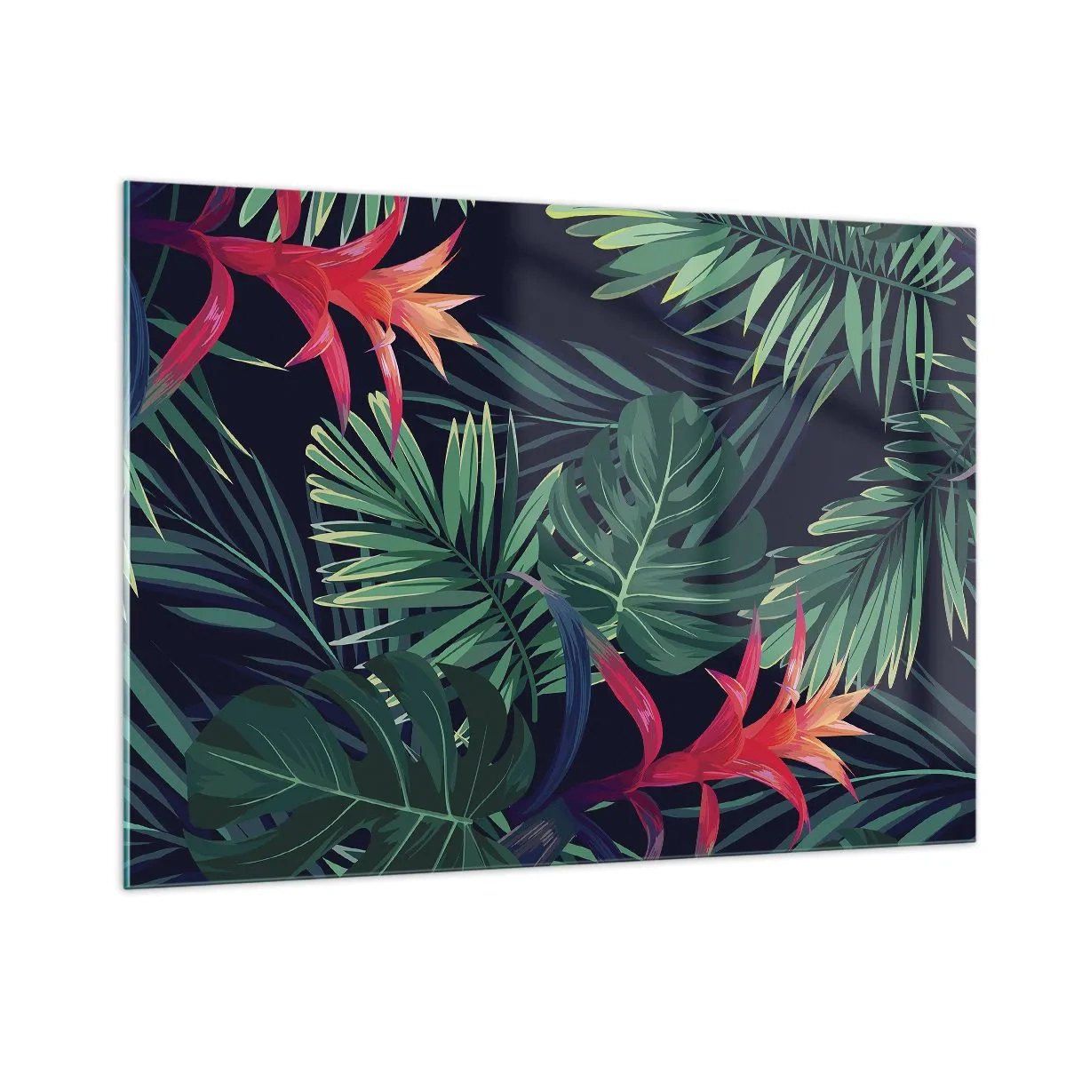 Obraz na szkle - Egzotyczne liście i kwiaty na ciemnym tle - 100x70cm - Zapłonąć w zieleni - Nowoczesna dekoracja ścienna do salonu, kuchni i sypialni ARTTOR