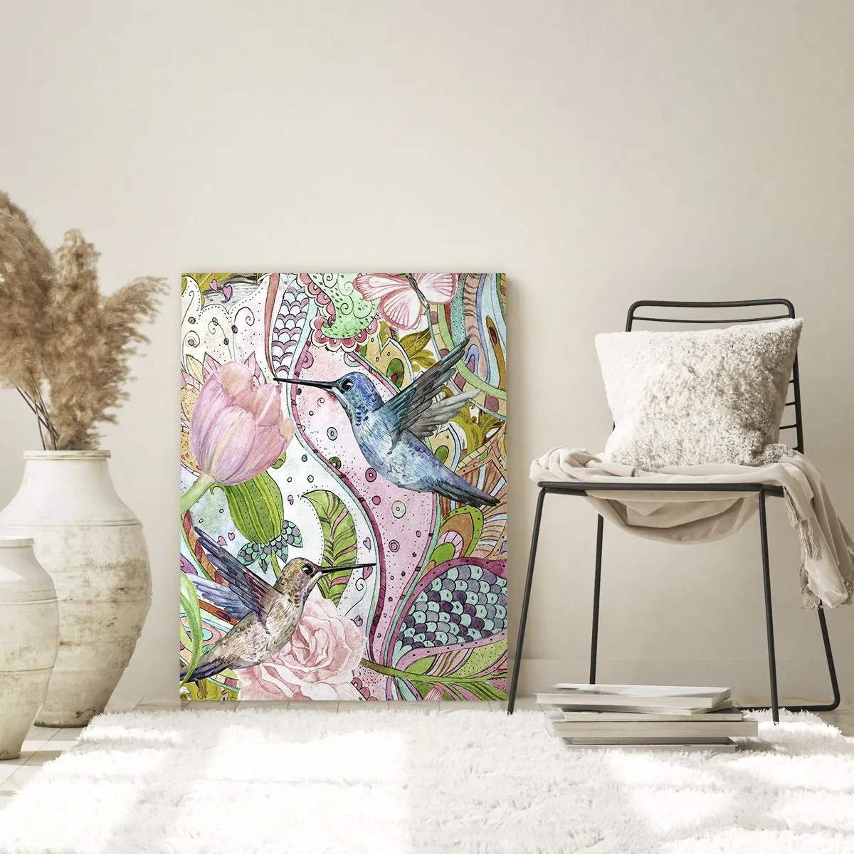 Obraz na szkle - Kolorowe kolibry i motyle wśród roślin - 70x100cm - Wplątane w pnączach - Nowoczesna dekoracja ścienna do salonu i sypialni ARTTOR