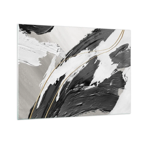 Obraz na szkle - Dynamiczne pociągnięcia czerni i bieli ze złotym akcentem - 70x50cm - Abstrakcja z rozmachem - Nowoczesna dekoracja ścienna do salonu i sypialni ARTTOR